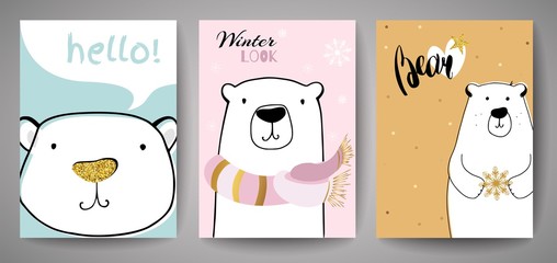 Cute Polar Bear with Merry Christmas inscription. Winter greeting card of a cute hand drawn polar bear with calligraphy phrases. New year card template