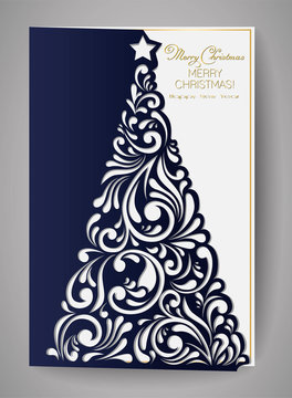 Laser cut template for Christmas cards, square invitation for party with Christmas tree cutout of paper. Merry Christmas calligraphy. Image suitable for laser cutting, plotter cutting or printing.
