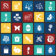 Spring set on color squares background icon