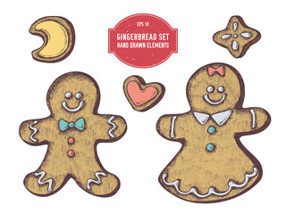 Vector collection of hand drawn colored  gingerbread, gingerbread men