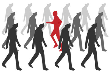 vector concept of dissident - man goes against the movement of the crowd