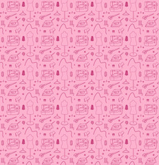 Seamless pattern of Sewing vector illustration sketch colored pink