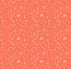 Seamless pattern of Sewing vector illustration sketch colored orange coral