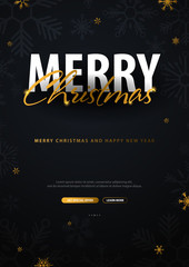 Merry Christmas and Happy New Year. Dark background with gold snowflakes. Vector illustration.