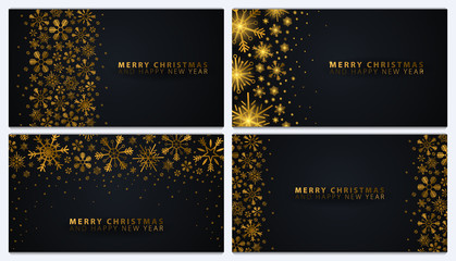Set of Merry Christmas and Happy New Year banners. Dark background with gold snowflakes. Vector illustration.
