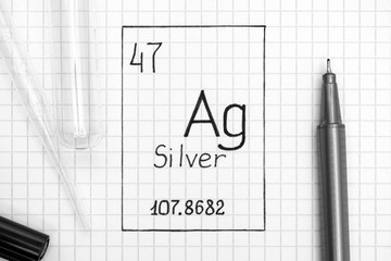 Handwriting chemical element Silver Ag with black pen, test tube and pipette.