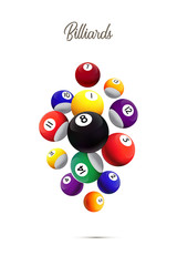 Different billiard balls falling on white background. Vector billiard illustration.