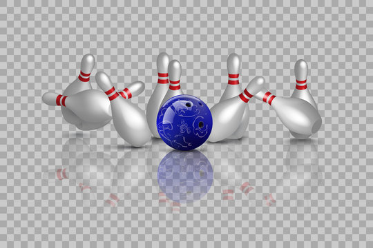 Bowling strike with mirror reflection isolated on transparent background. Vector bowling design element.