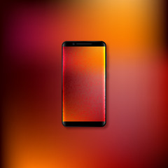 Realistic 3d mobile smartphone with gradient abstract background. Template with blur yellow, red, pink and brown colors. Vector illustration.