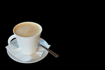 Isolated Hot coffee Put a glass of white with a casual break from work on black background.