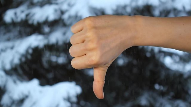 Love winter or hate it. Female hand goes from thumbs up to thumbs down against snowy trees background. Note that thumb was shot against green screen and background has been keyed out to show snow.