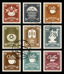 Fototapeta premium Vector set of postage stamps on the theme of coffee in retro style with rubber stamps