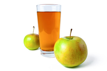 Two apples with a glass of apple juice on a white background, isolate.