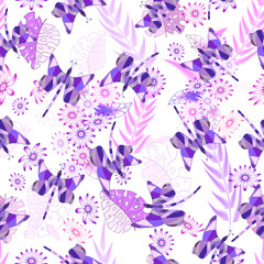 Fototapeta na wymiar Seamless texture. Multicolor pattern of dragonflies, flowers and tropical leaves. Design for cover, wrapper, fabric or embroidery