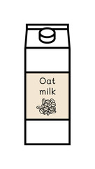 Vector line icon of vegan oat milk isolated on a white background. Plant based non dairy alternative. Black icon of carton box with screw cap and with label with illustration of oatmeal.