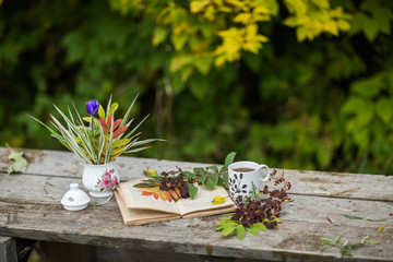 Cup of tea, book, flowers, autumn