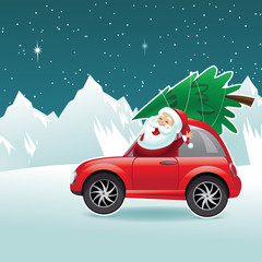 Cartoon Santa Claus driving a cute car with his new Christmas tree tied to the top. Eps10 vector illustration.