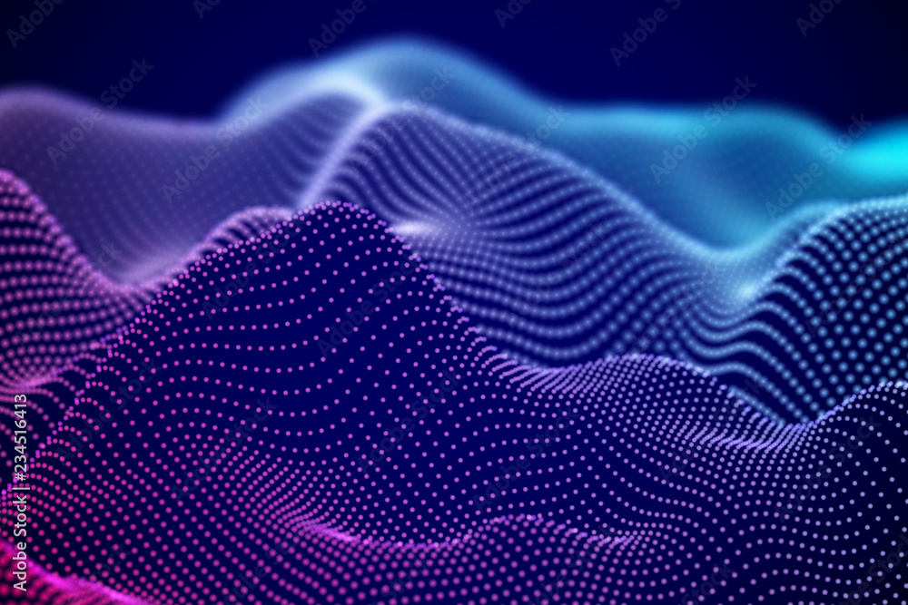 Poster abstract digital landscape or soundwaves with flowing particles. big data technology background. vis