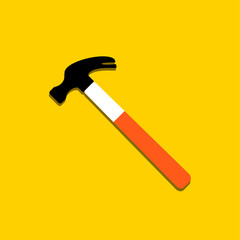 Vector colorful illustration icon of hammer and nail catcher. Home repair tool sign symbol. Flat cartoon design. Yellow background