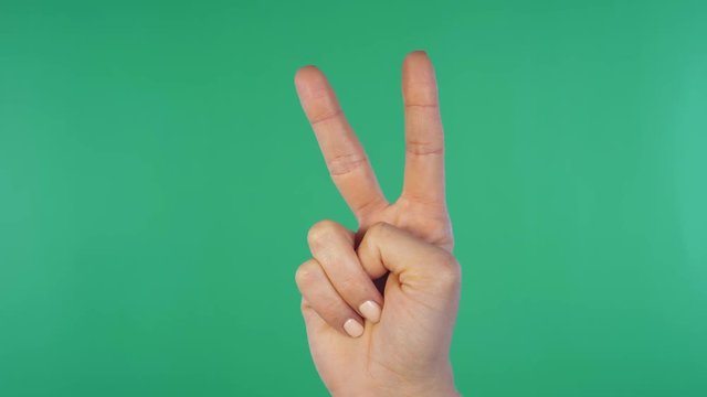 Female hand flashes peace sign fingers. Green screen background.