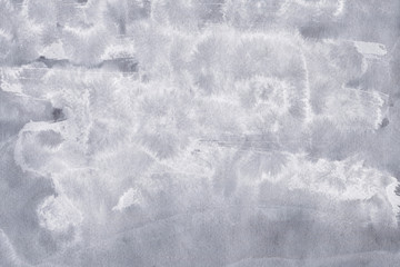 Silver with gray ink and watercolor textures on white paper background. Paint leaks and ombre effects. Hand painted abstract image.