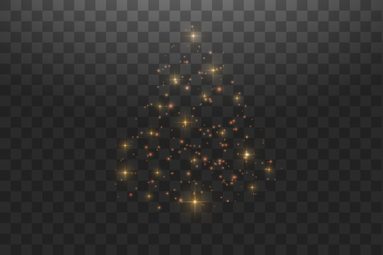 Christmas Tree made. Gold glitter bokeh lights and sparkles. Shining star, sun particles and sparks with lens flare effect on transparent background