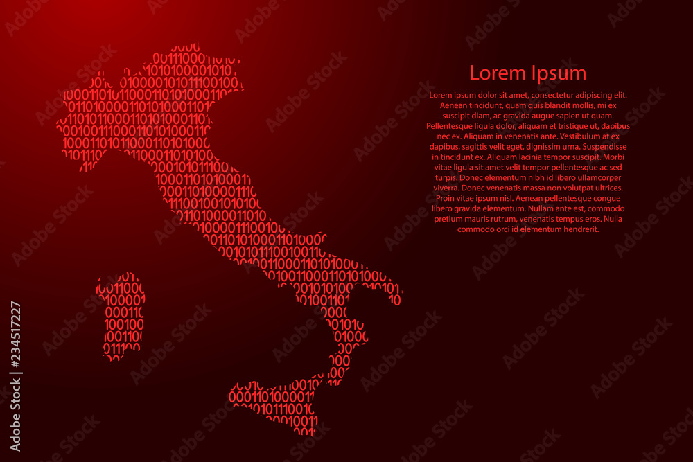 Fototapete italy map abstract schematic from red ones and zeros binary digital code for banner, poster, greetin