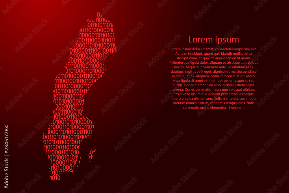 Fototapete sweden map abstract schematic from red ones and zeros binary digital code with space stars for banne