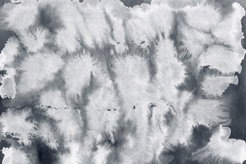 Silver with gray ink and watercolor textures on white paper background. Paint leaks and ombre effects. Hand painted abstract image.