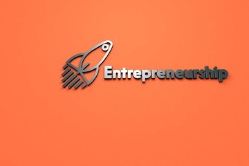 Text Entrepreneurship with dark grey 3D illustration and orange background