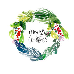Christmas wreath from holly berries, pine branches and greeting lettering calligraphy. Watercolor painting. Art background. Hand drawn  illustration. Painted  backdrop. Festive card.
