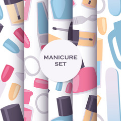 Manicure and pedicure tools seamless pattern set for nail studios. Background with products for fingernails and nail art. Polishing, cutting and creating own design.