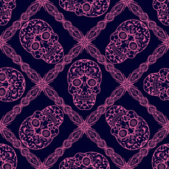 Embroidery colorful simplified ethnic tracery and skull pattern . Vector  traditional folk bone ornament on  background for design. boho chic