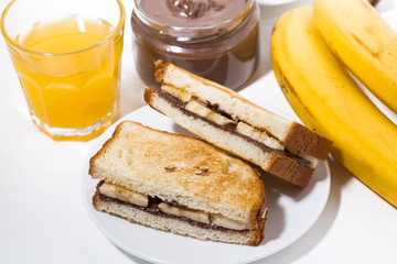 sandwich with chocolate paste and banana for breakfast, top view
