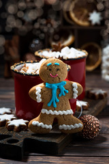 winter treats, gingerbread man cookies and hot chocolate, vertical closeup