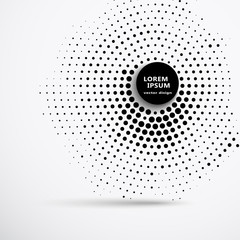 Abstract business asymmetric background with circular halftone design circle of black dots around a circle with a large black round button and shadow.