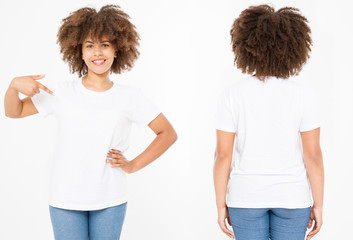 Shirts set. Summer t shirt design and close up of young afro american woman in blank template white...