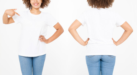 Shirts set. Summer t shirt design and close up young afro american woman pointing on blank template...