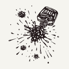 A bottle with spilled ink. Sketch. Freehand drawing