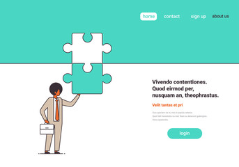 businessman putting parts of puzzle problem solution concept male cartoon character full length horizontal copy space