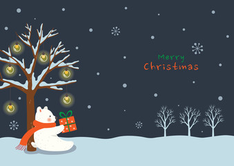 Merry Christmas greeting card. Winter tree with decorative lights and cute white bear
