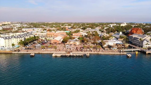 KEY WEST, FL, USA - APRIL 23, 2018: Aerial drone footage made over Mallory Square in Key West on the south of Florida