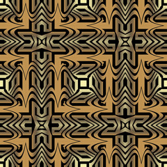 Gold 3d geometric waves greek vector seamless pattern. Surface ornamental abstract background. Vintage patterned ornate backdrop. Decorative trendy greek key meander ornament. Modern 3d wallpaper.