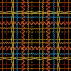 Tartan embroidery colorful vector seamless pattern. Stitching striped textured plaid background. Tapestry repeat grunge backdrop. Vertical and horizontal embroidered stripes, borders, zigzag, lines