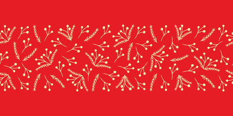 Red Christmas vector seamless pattern border decorated with yellow branches and berries. Perfect to decorate fabric, ribbons, borders, winter holidays gift wrapping.