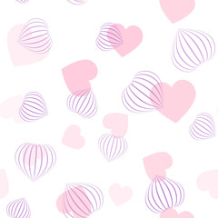 Vector seamless pattern with hearts. Flat and 3d pink hearts. 3d hearts made from stripes.