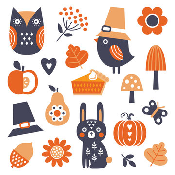 Cute set of vector icons and elements for Fall and Thanksgiving, Scandinavian style, isolated on white. Funny bird in Pilgrim hat, owl, bunny, pumpkin and flowers for decals, stickers, tags and web.