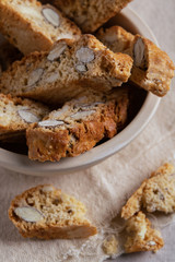 Homemade Biscotti Cantuccini Italian Almond Sweets Biscuits Cookies on light Background Dessert.