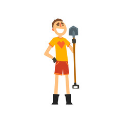 Smiling male farmer with shovel, cheerful gardener character at work, farming and agriculture vector Illustration on a white background