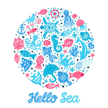 Paper cutout marine style kids design element set. Hello sea lettering inscription. Funny cartoon doodle background of fish, octopus, gull, shell, calmar, starfish, jellyfish, guitarfish illustration